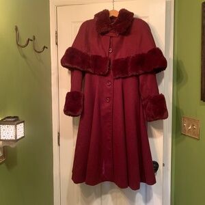 Red Wine Burgundy Faux Fur Coat with Detachable Shawl